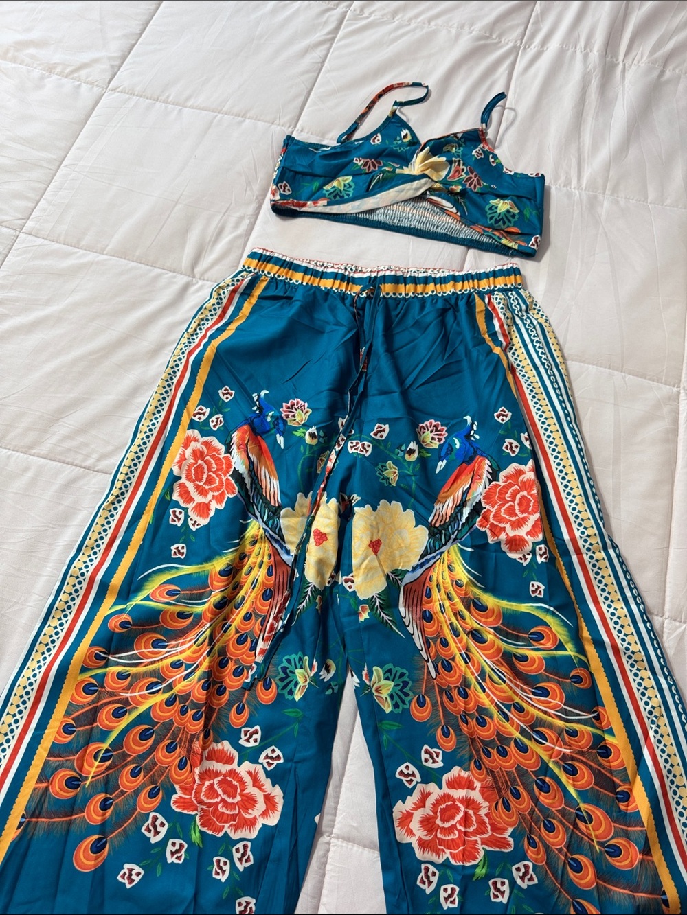 SHEIN Teal Floral Peacock Print Wide-Leg Pants Set